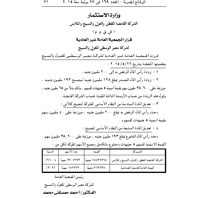 ننشر.. نص قرارات الجمعية العمومية لشركة مصر الوسطى للغزل والنسيج