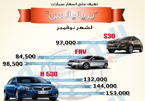 انفوجراف.. اسعار سيارات بريليانس لشهر نوفمبر