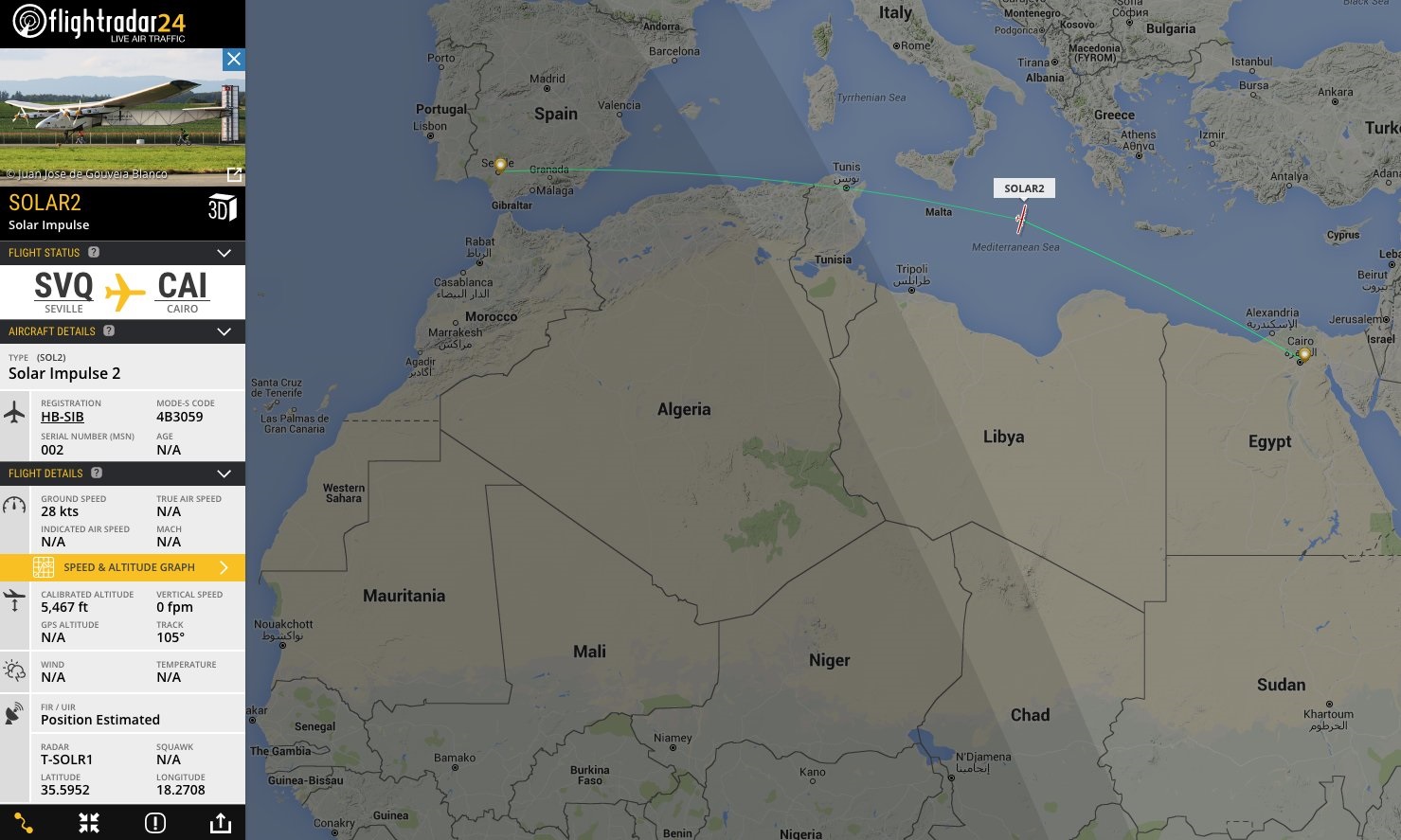 “البورصة” تنشر مسار الطائرة سولار إمبالس 2 لمطار القاهرة
