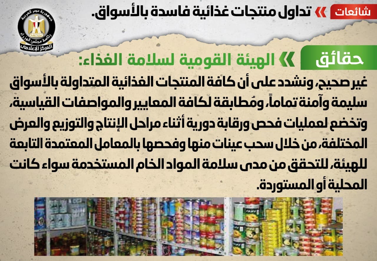 الحكومة تنفى تداول منتجات غذائية فاسدة بالأسواق