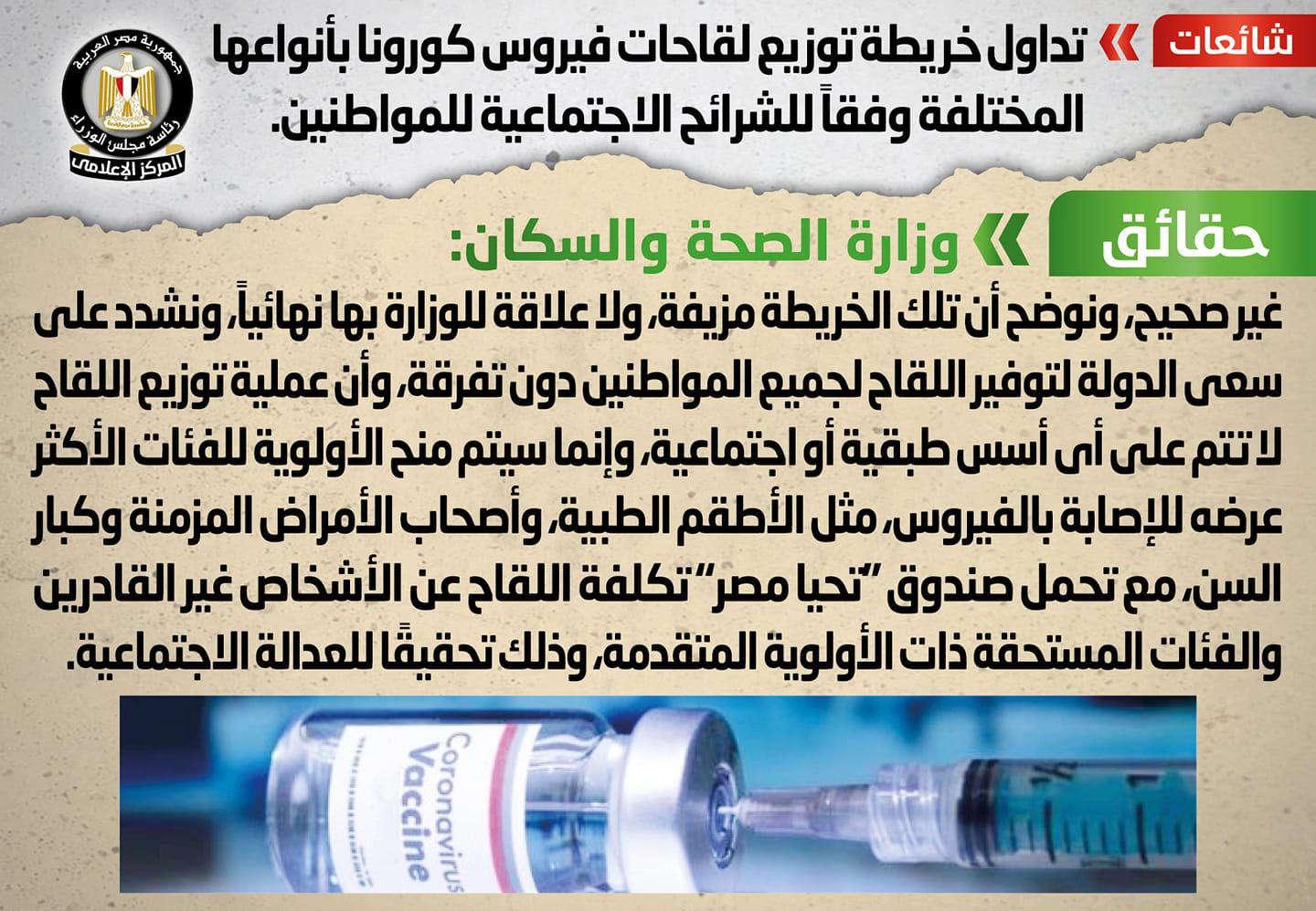 “الوزراء” ينفي صحة خريطة توزيع لقاحات كورونا وفقًا للشرائح الاجتماعية للمواطنين