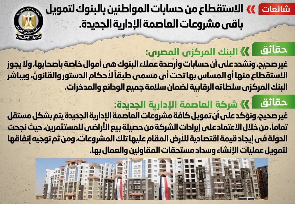 الحكومة تنفى الاستقطاع من حسابات المواطنين بالبنوك لتمويل مشروعات العاصمة الإدارية