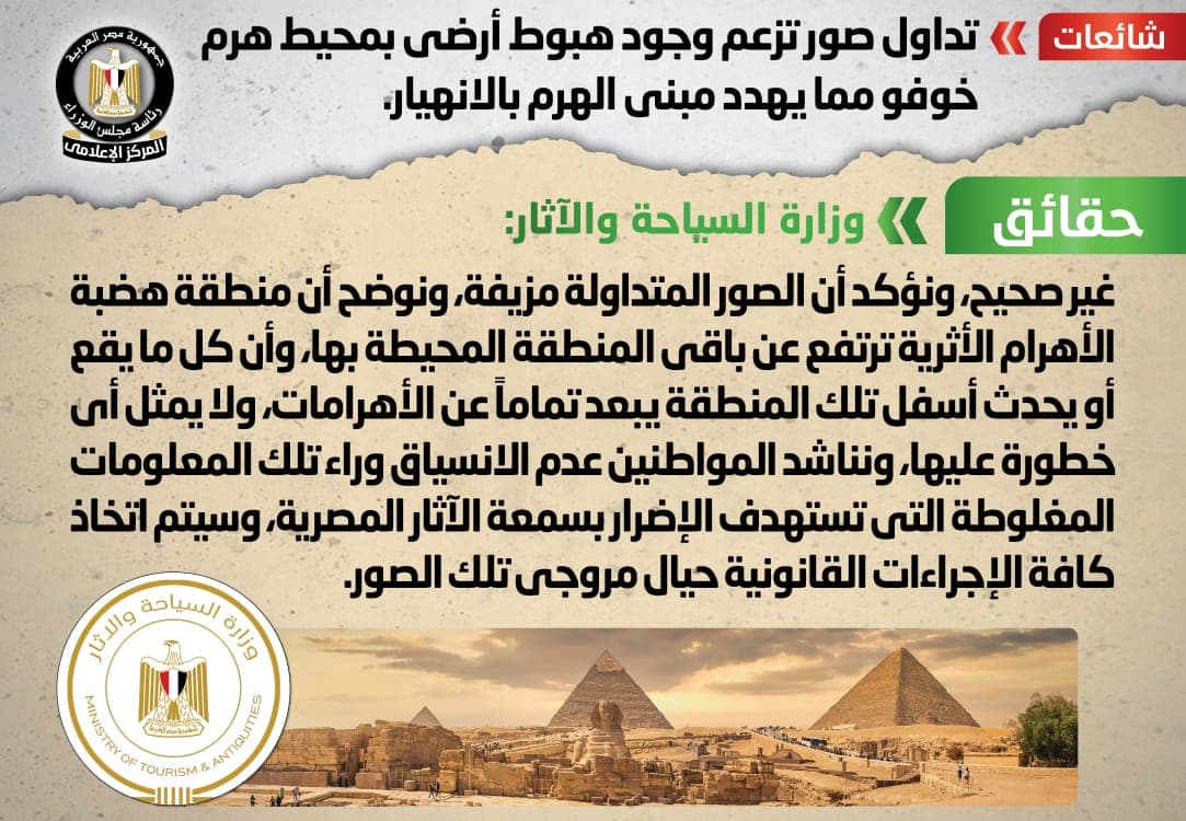 الحكومة تنفي وجود هبوط أرضى بمحيط هرم خوفو