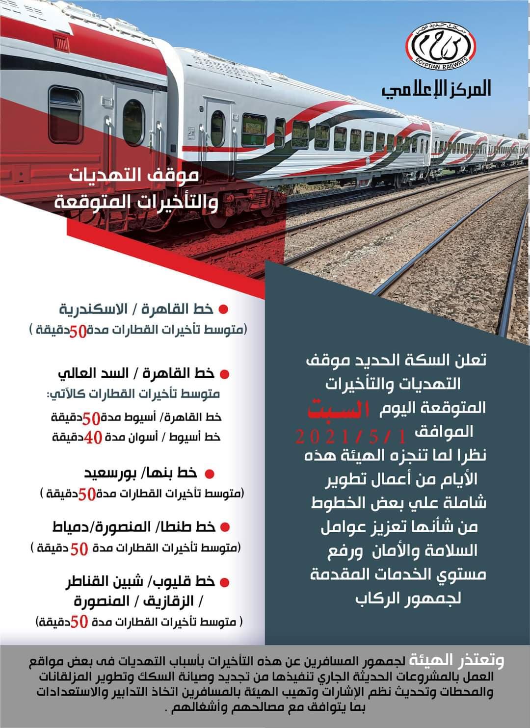 “السكة الحديد” تعلن التأخيرات المتوقعة فى حركة القطارات اليوم السبت 1 – 5 – 2021