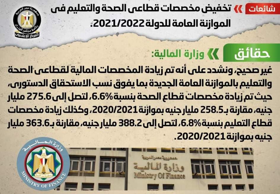 الحكومة تنفى تخفيض مخصصات الصحة والتعليم فى الموازنة العامة للدولة