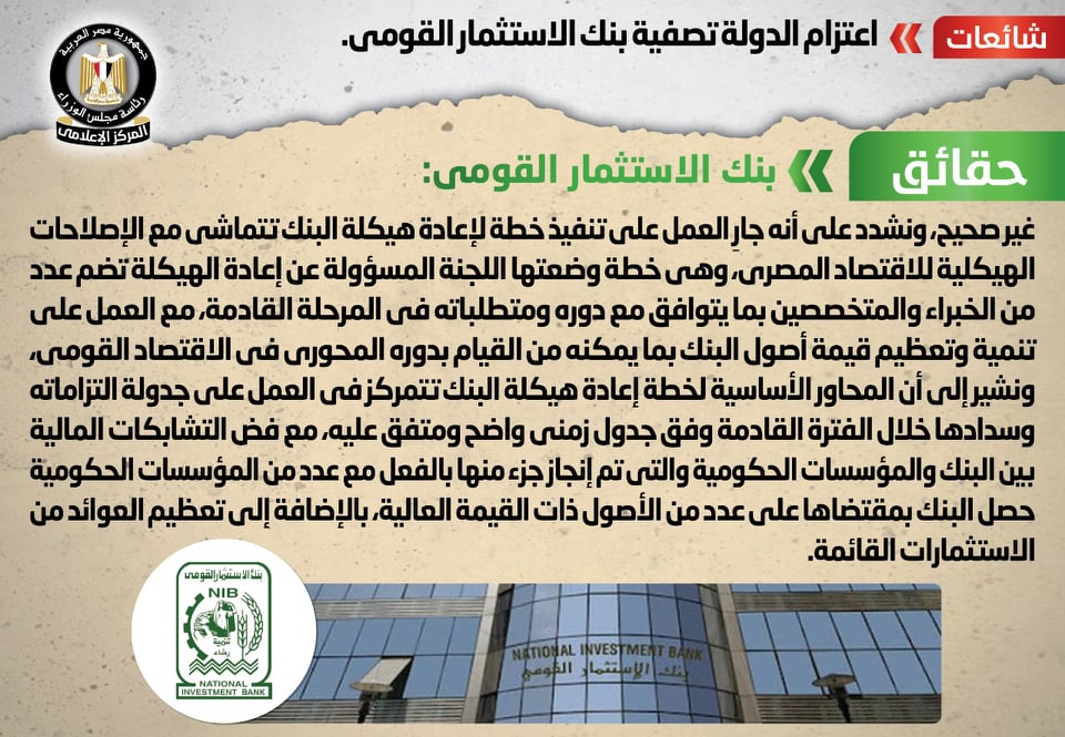 “الوزراء”: خطة لإعادة هيكلة بنك الاستثمار القومى