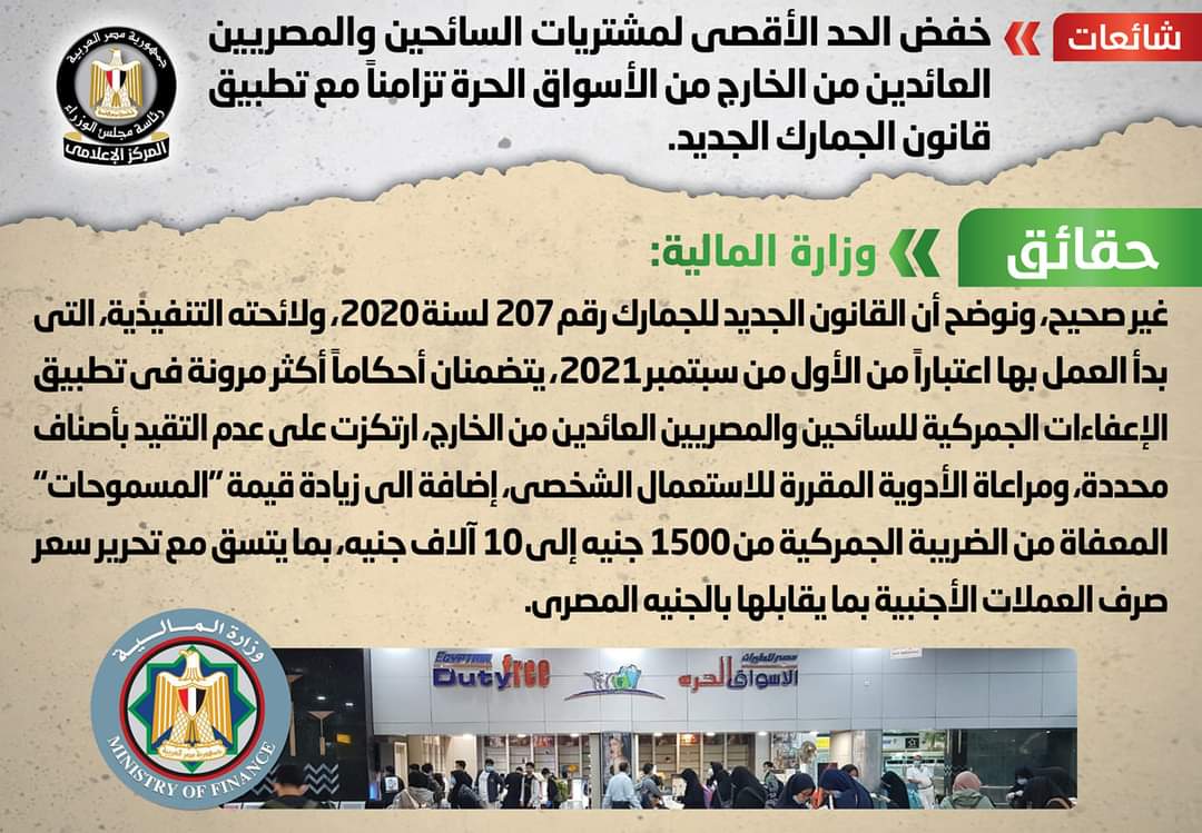 الحكومة تنفى خفض الحد الأقصى لمشتريات السائحين والمصريين من الأسواق الحرة