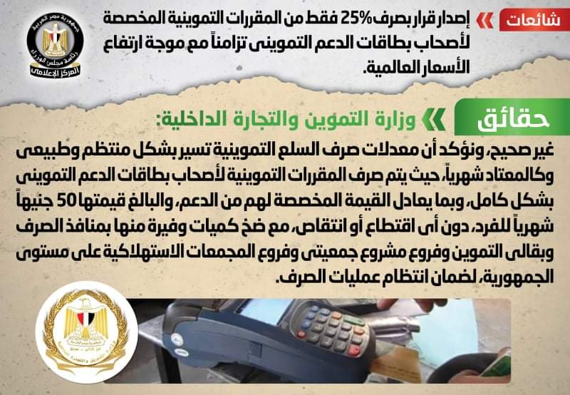 الحكومة تنفى إصدار قرار بصرف 25% فقط من المقررات التموينية