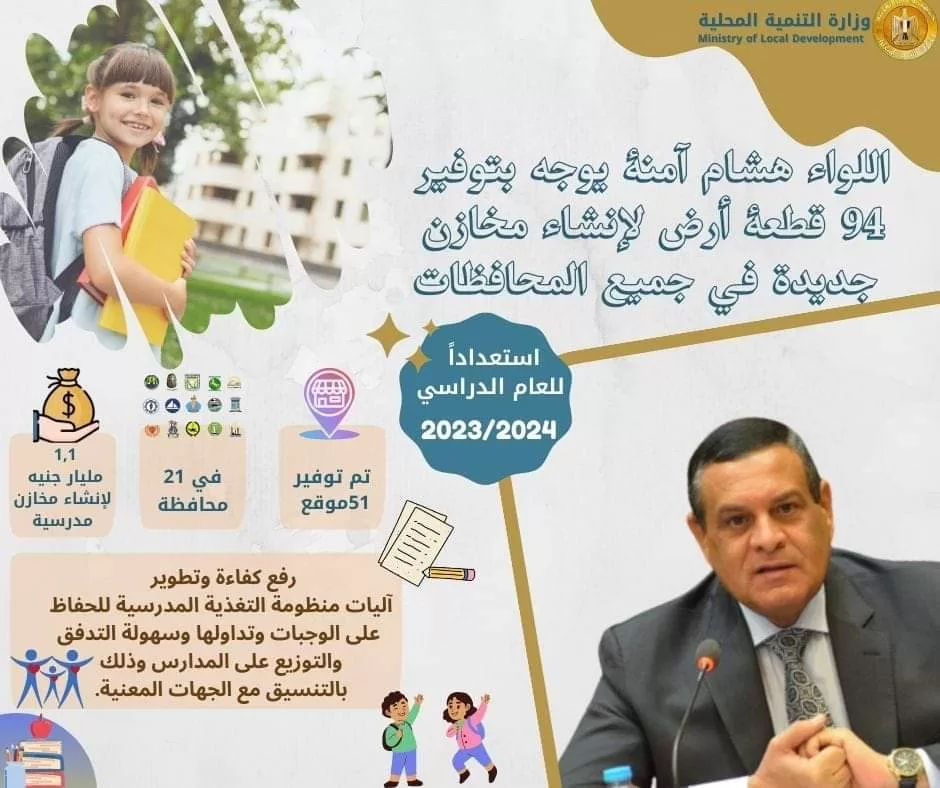 وزير التنمية المحلية يوجه بتوفير 94 قطعة أرض لإنشاء مخازن جديدة للمنظومة المدرسية